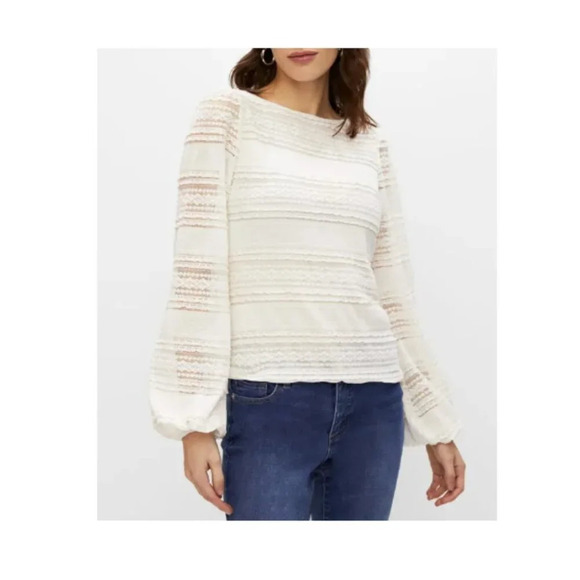 Melanie Lyne White Puffed Sleeve Lace  Long Sleeved Top - Picture 1 of 13